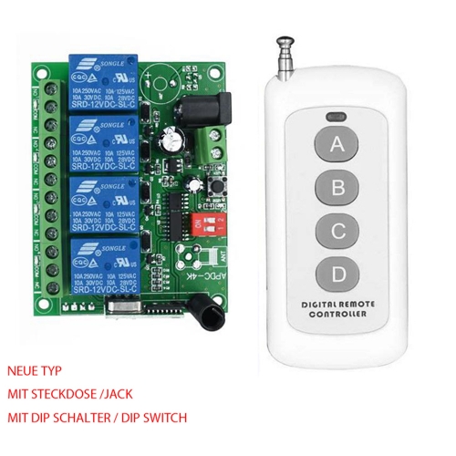 4-channel DC 12V / 24V radio remote control Set - radio transmitter with radio receiver Radio holder for gate controls, barriers, lifting devices, lighting, fountains