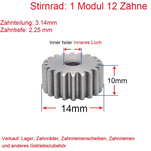 Stirnrad 1 Modul 12 Zähne 1M 12T Außendurchmesser 14 Stirnradgetriebe Beidseitig flach