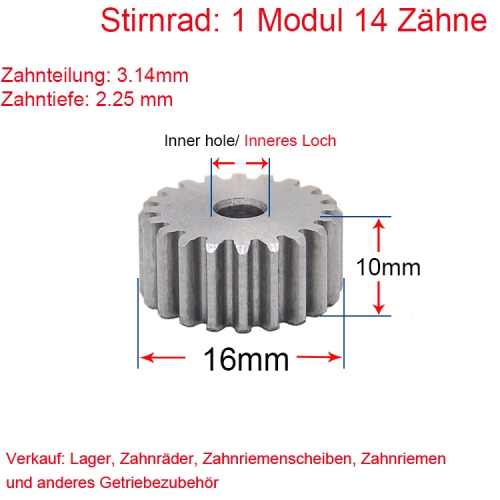 Stirnrad 1 Modul 14 Zähne 1M 14T Außendurchmesser 16 Stirnradgetriebe Beidseitig flach