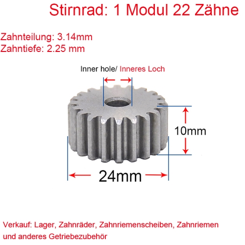 Stirnrad 1 Modul 22 Zähne 1M 22 T Stirnradgetriebe Außendurchmesser 24 Beidseitig flach