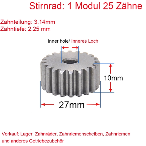 Stirnrad 1 Modul 25 Zähne 1M 25 T Stirnradgetriebe Außendurchmesser 27 Beidseitig flach