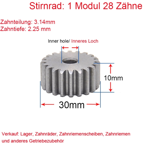 Stirnrad 1 Modul 28 Zähne 1M 28 T Stirnradgetriebe Außendurchmesser 30 Beidseitig flach