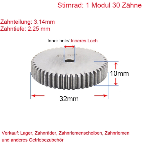 Stirnrad 1 Modul 30 Zähne 1M 30 T Stirnradgetriebe Außendurchmesser 32 Beidseitig flach