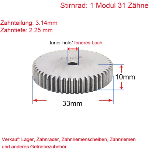 Stirnrad 1 Modul 31 Zähne 1M 31 T Stirnradgetriebe Außendurchmesser 33 Beidseitig flach