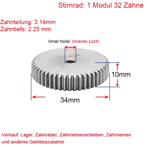 Stirnrad 1 Modul 32 Zähne 1M 32 T Stirnradgetriebe Außendurchmesser 34 Beidseitig flach