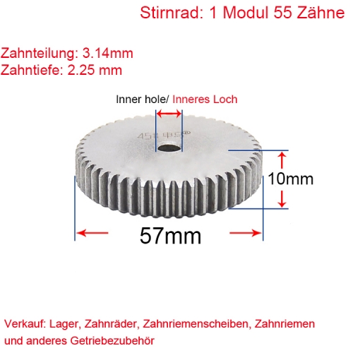 Stirnrad 1 Modul 55 Zähne 1M 55 T Stirnradgetriebe Außendurchmesser 57 Beidseitig flach