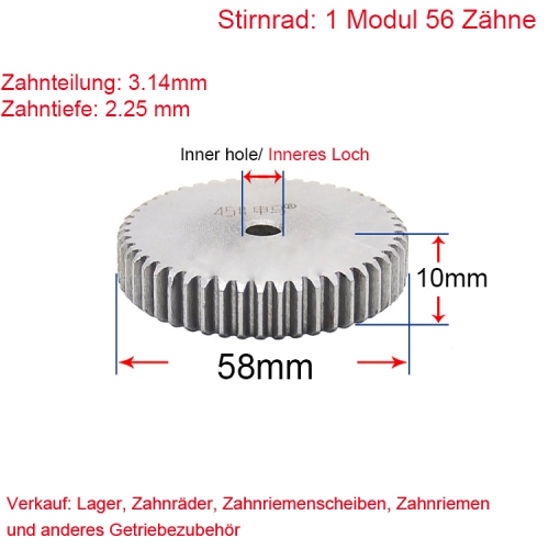 Stirnrad 1 Modul 56 Zähne 1M 56 T Stirnradgetriebe Außendurchmesser 58 Beidseitig flach