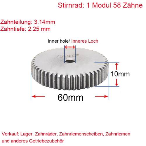 Stirnrad 1 Modul 58 Zähne 1M 58 T Stirnradgetriebe Außendurchmesser 60 Beidseitig flach