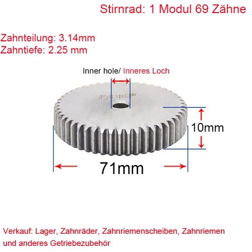 Stirnrad 1 Modul 69 Zähne 1M 69 T Stirnradgetriebe Außendurchmesser 71 Beidseitig flach