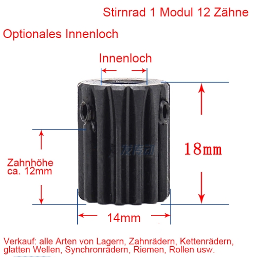 Stirnrad 1 Modul 12 Zähne 1M12T Metallmotor Nabenrad Innenbohrung 4/5/6/6.35 Zahnstange