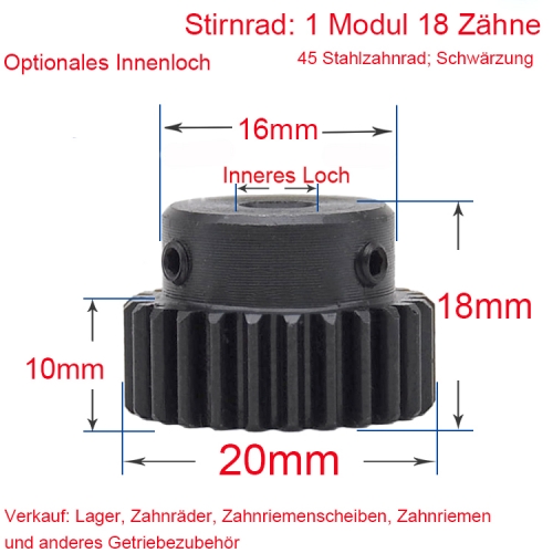 Stirnrad 1 Modul 18 Zähne 1M 18 T Innenbohrung 4/5/6/6.35/7/8/10 Metallmotor Nabenrad Zahnstange