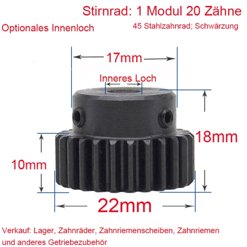 Stirnrad 1 Modul 20 Zähne 1M 20 T Innenbohrung 4/5/6.35/7/8/10/12 Metallmotor Nabenrad Zahnstange