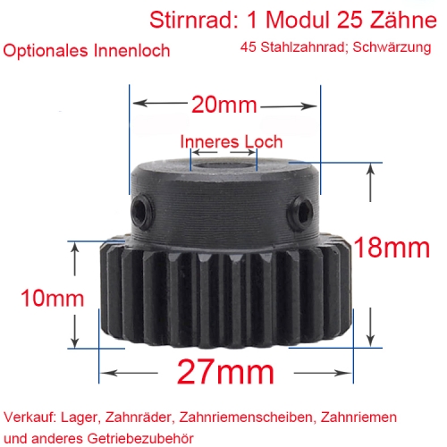 Stirnrad 1 Modul 25 Zähne 1M 25 T Innenbohrung 5/6/6.35/7/8/10/12/12.7/14/15/16 mm Metallmotor Nabenrad Zahnstange Schwärzung