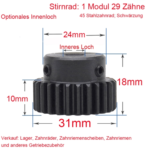 Stirnrad 1 Modul 29 Zähne 1M 29 T Innenbohrung 6/8/10/12/14 mm Metallmotor Nabenrad Zahnstange Schwärzung