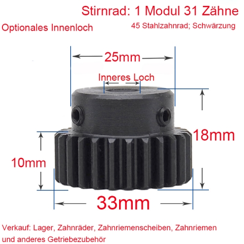 Stirnrad 1 Modul 31 Zähne 1M 31 T Innenbohrung 6/8/10/12mm Metallmotor Nabenrad Zahnstange Schwärzung