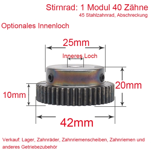 Spur gear 1 module 40 teeth 1M 40 T inner bore 6 / 7mm hub diameter 25mm metal motor hub gear rack quenching