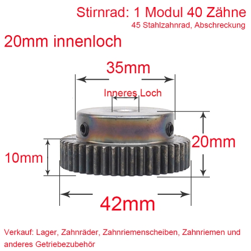 Stirnrad 1 Modul 40 Zähne 1M 40 T Innenbohrung 20mm Nabendurchmesser 35mm Metallmotor Nabenrad Zahnstange Abschrecken