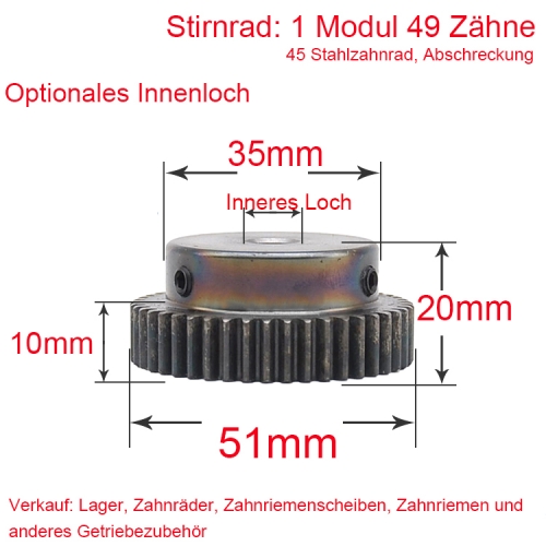 Stirnrad 1 Modul 49 Zähne 1M 49 T Innenbohrung 6/8/10/12/15 mm Metallmotor Nabenrad Zahnstange Abschrecken