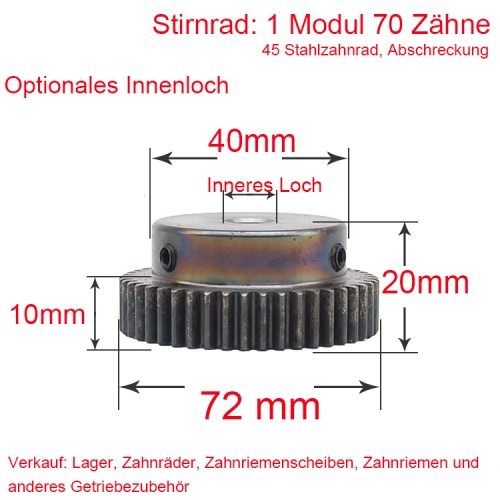 Spur gear 1 module 70 teeth 1M 70 T internal bore 8/10/12mm metal motor Hub diameter 40mm Quenching the hub gear rack