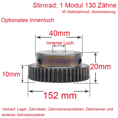 Stirnrad 1 Modul 130 Zähne 1M 130 T Innenbohrung 8/10/12/15 mm Metallmotor Nabenrad Zahnstange Abschrecken
