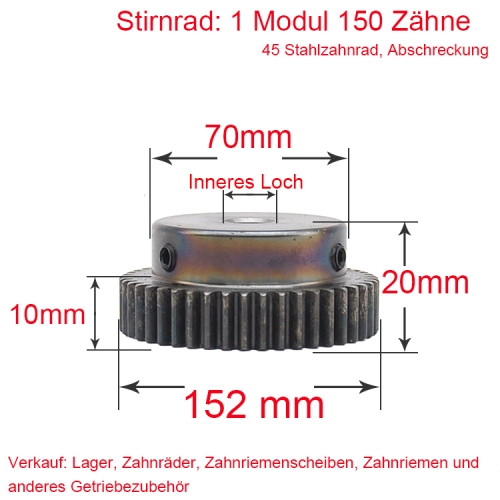 Spur gear 1 module 150 teeth size hub step flange diameter 70mm inner hole 8 no screws