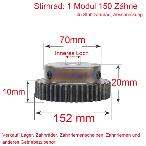 Stirnrad 1 Modul 150 Zähne Größe Nabendurchmesser 70mm Innenloch 8 keine Schrauben