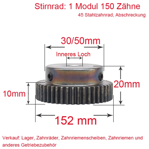 Spur gear 1 module 150 teeth hub step diameter 30 / 50mm inner hole 8/10/15
