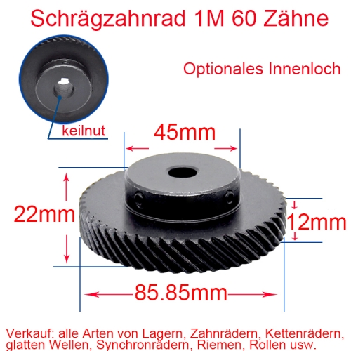 1M 60 Zähne mit Keilnut 4*1.8 oder 5*2.3 Schrägzahnrad-Zahnrad 45-Grad 8/10 /12/14/15/16mm Loch / links / Rechts