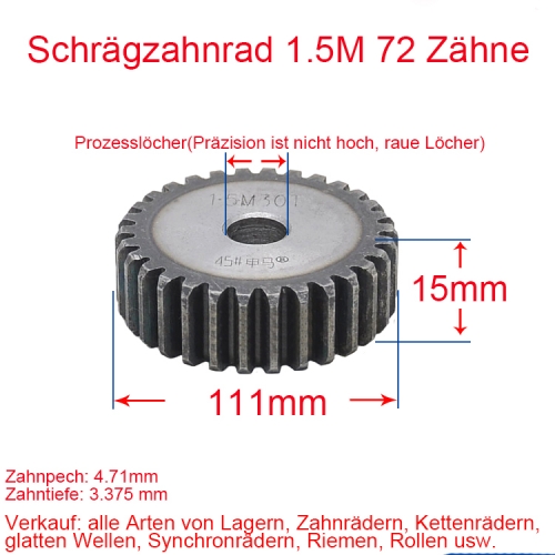 Stirnrad 1.5 Modul 72 Zähne 1.5M 72T Anzahl der Zähne Dicke 15MM Stirnradgetriebe Zahnstange und Ritzel