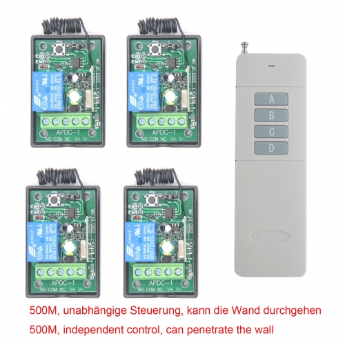 500M 4-Kanal DC Funkfernsteuerung Funkschaltsystem 12V 24V –4-Taste Sender & Empfänger für Licht Motor Pumpe 433MHz Relais Schalter